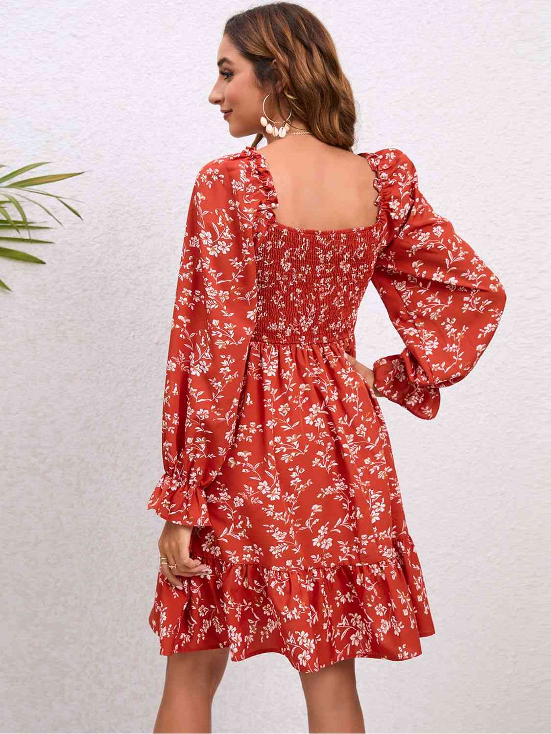 Floral Smocked Square Neck Dress